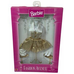 NIB Vintage Barbie Fashion Avenue Outfit #14980 Gold Lame & White Collared Dress